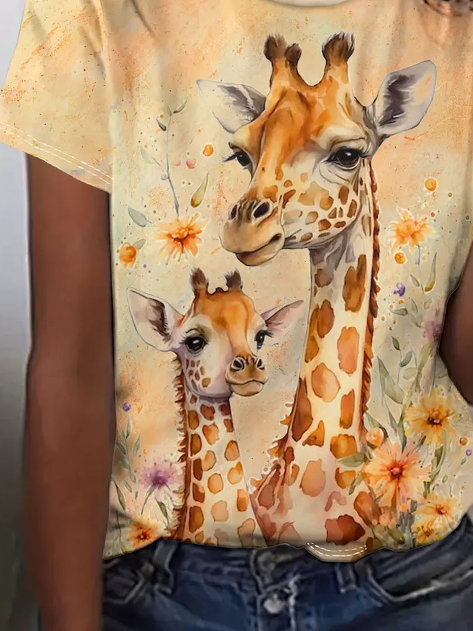 Vibrant Giraffe Floral Print T-shirt