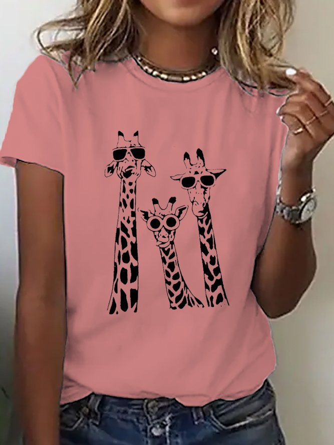 Women Casual  Deer Pattern Loose Short Sleeve Crew Neck Cotton T-Shirt