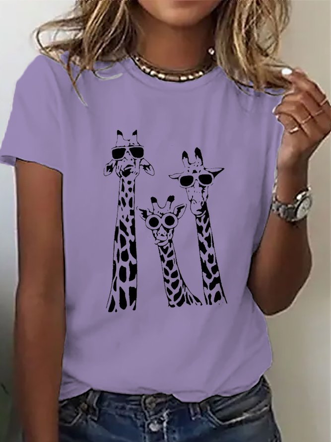 Women Casual  Deer Pattern Loose Short Sleeve Crew Neck Cotton T-Shirt