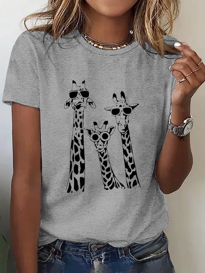 Women Casual  Deer Pattern Loose Short Sleeve Crew Neck Cotton T-Shirt