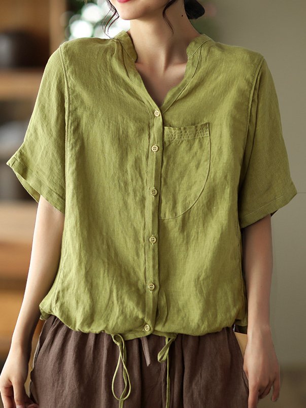 Drawstring Plain V Neck Casual Blouse