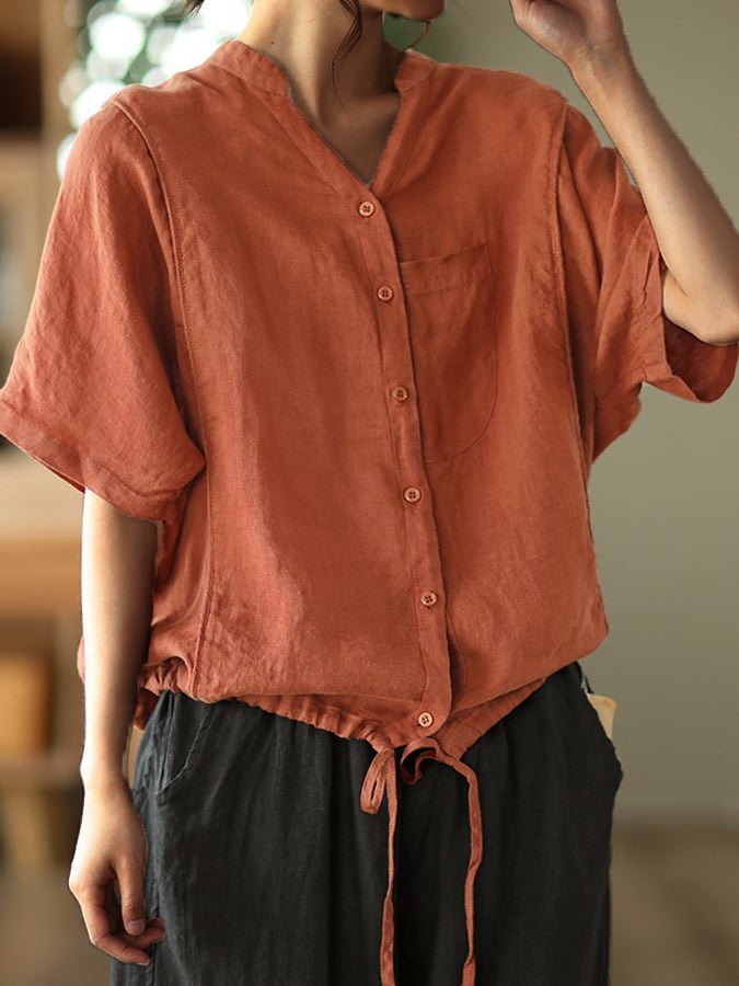 Drawstring Plain V Neck Casual Blouse