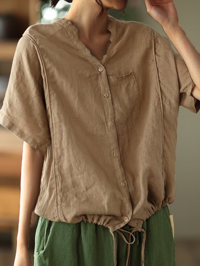 Drawstring Plain V Neck Casual Blouse