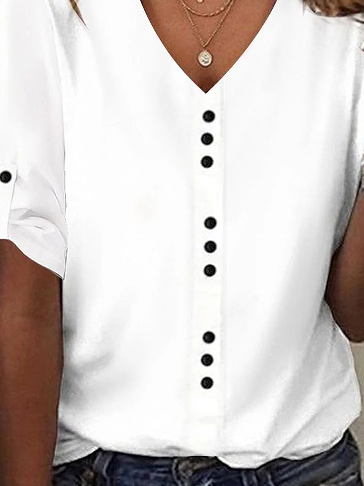 Casual Plain V Neck White T-Shirt