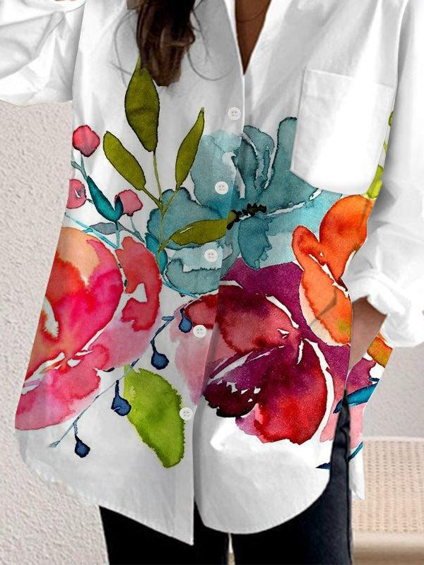 Women's Long Sleeve Shirt Spring/Fall White Floral Shirt Collar Daily Going Out Casual Top