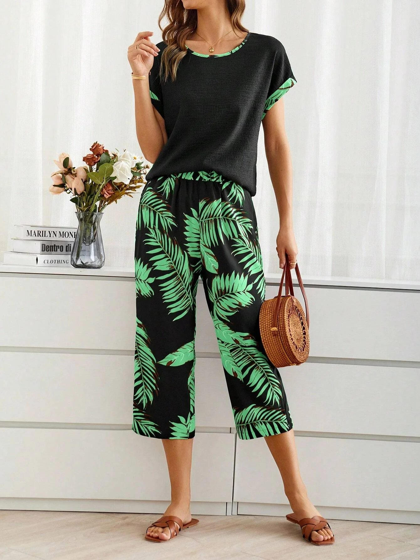 Loose Crew Neck Palm Leaf Casual Two-Piece Set