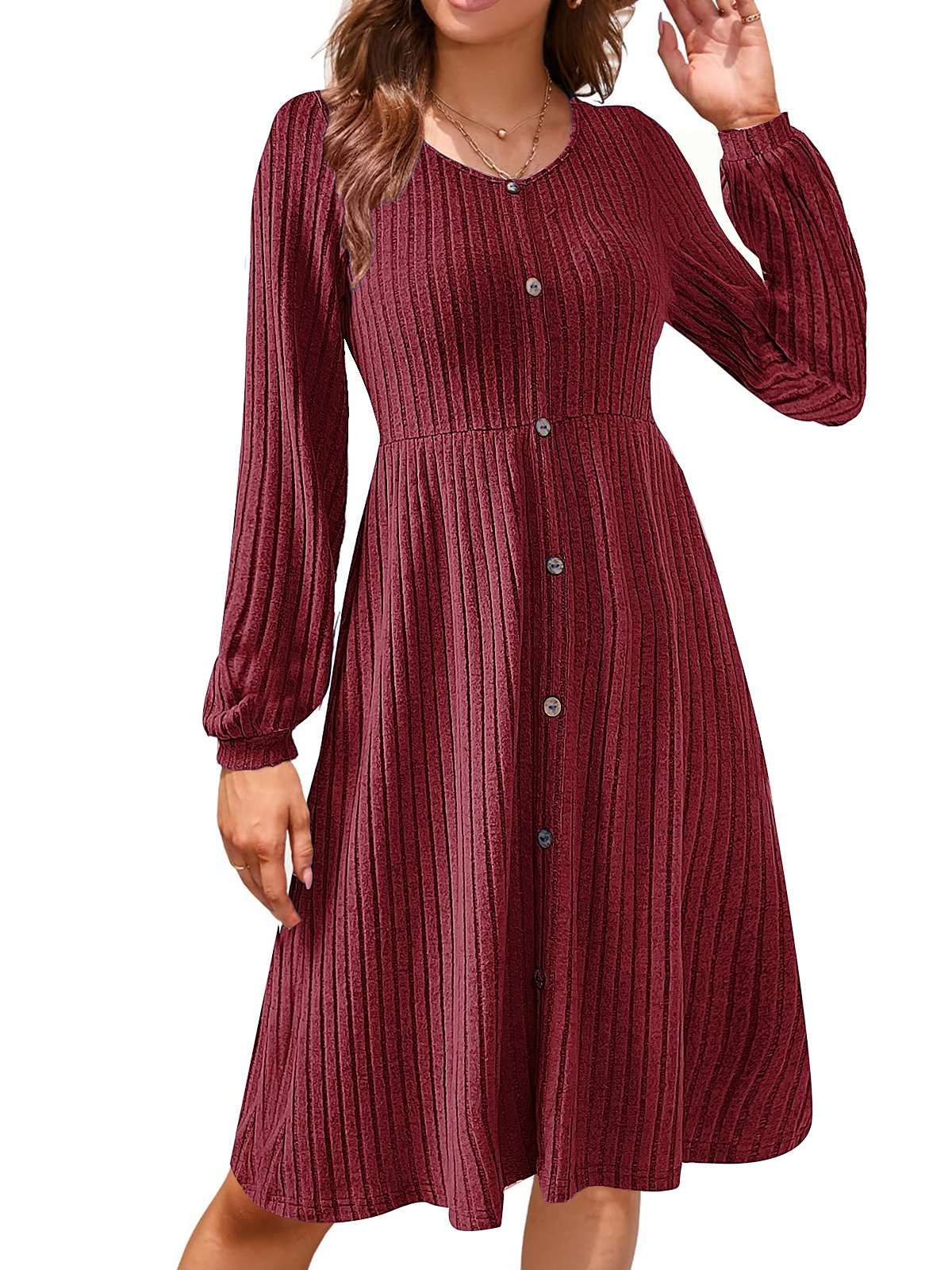 Women's Long Sleeve Summer Crimson Plain Crew Neck Balloon Sleeve Daily Going Out Casual Knee Length A-Line