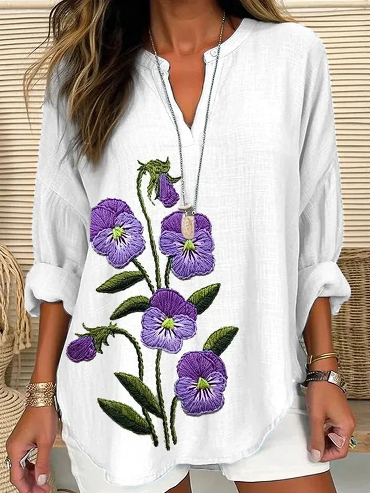 V Neck Floral Casual Blouse