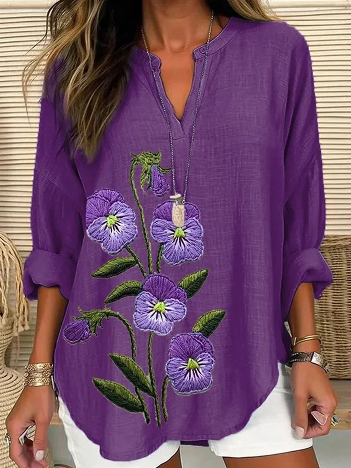 V Neck Floral Casual Blouse