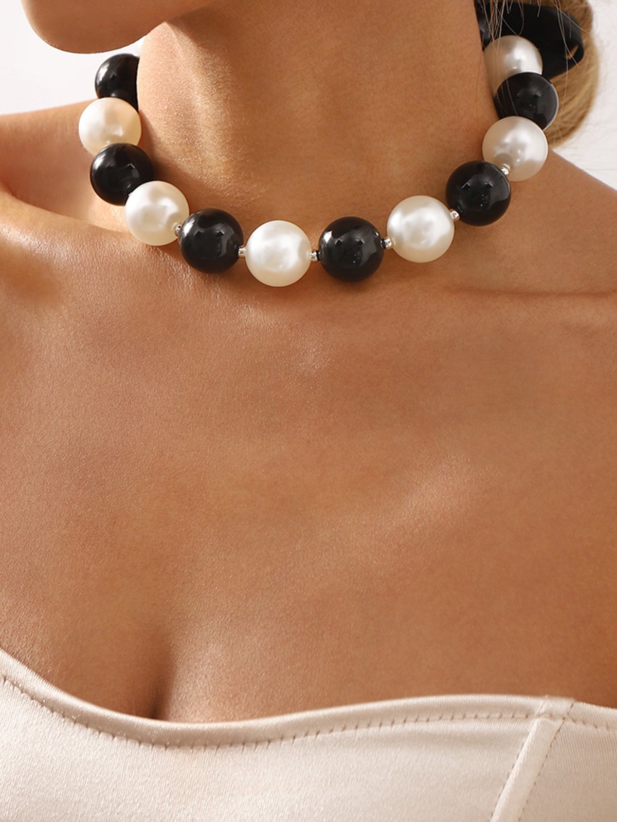 Elegant Color Block Imitation Pearls Beaded Lace-up Necklace