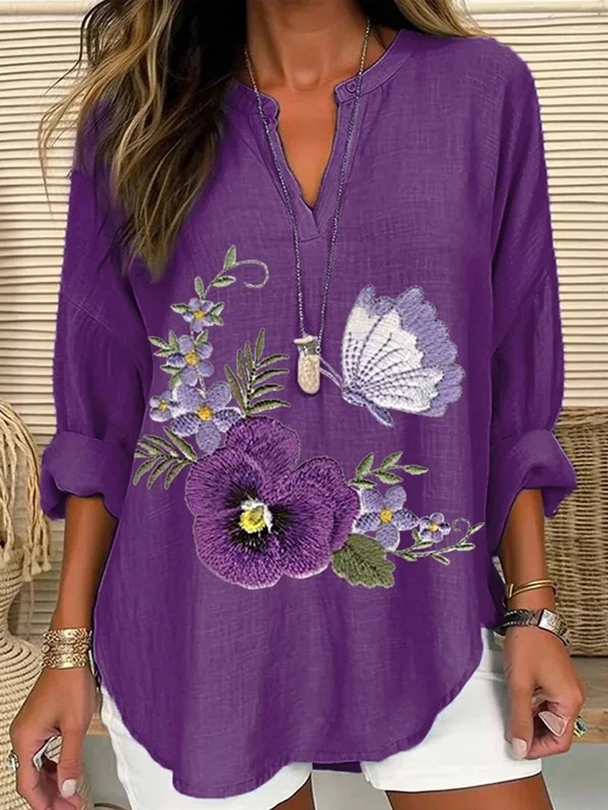 V Neck Floral Casual Blouse