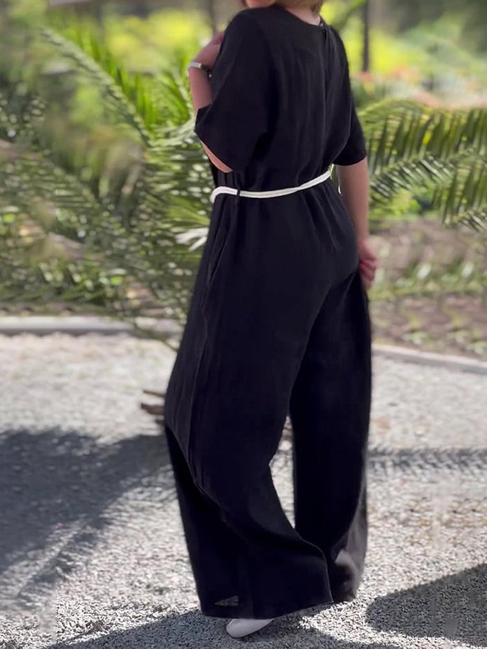 Loose Casual Crew Neck Cotton Jumpsuit With Belt