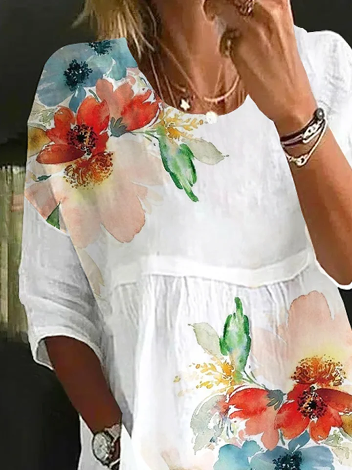 Crew Neck Casual Loose Floral Blouse