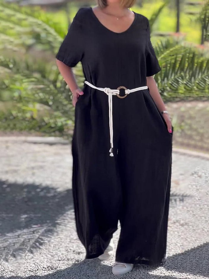 Loose Casual Crew Neck Cotton Jumpsuit With Belt