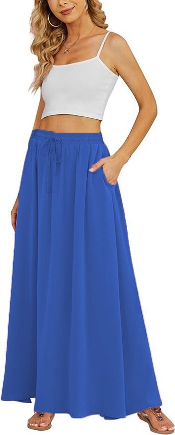 Women's Flowy Maxi Skirt Summer Pleated High Waisted Casual Long Skirts with Pockets