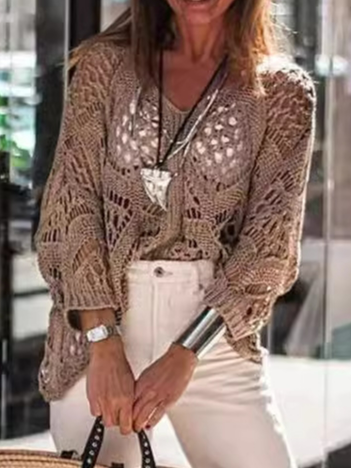 V Neck Yarn/Wool Yarn Casual Blouse