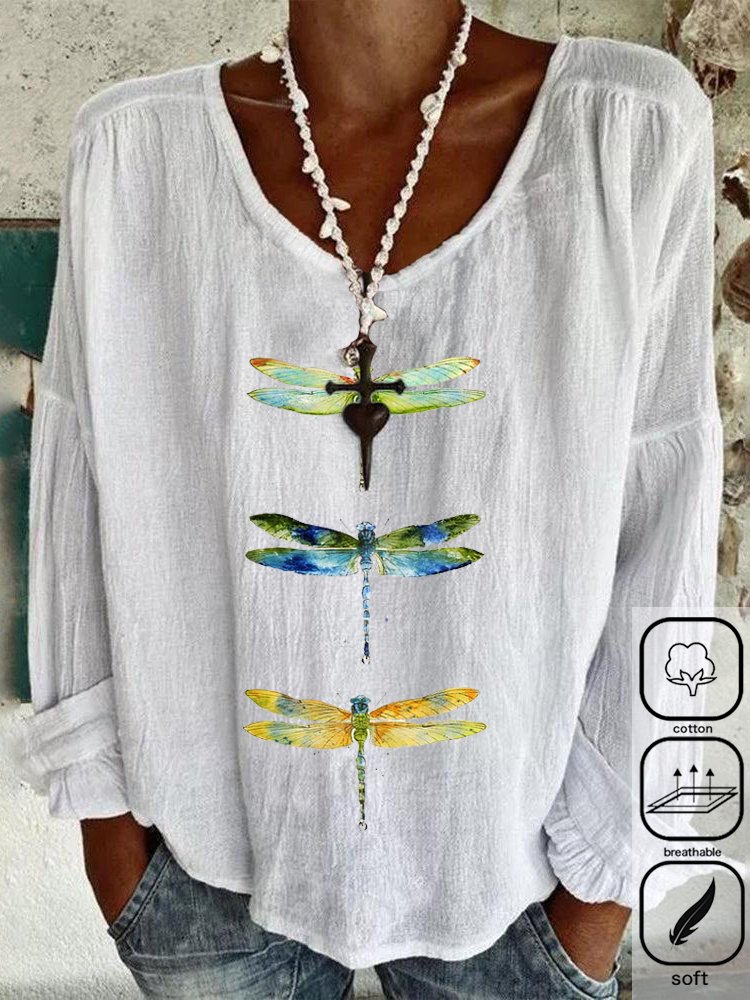 Cotton Loose Casual Dragonfly Blouse