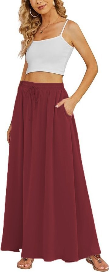 Women's Flowy Maxi Skirt Summer Pleated High Waisted Casual Long Skirts with Pockets