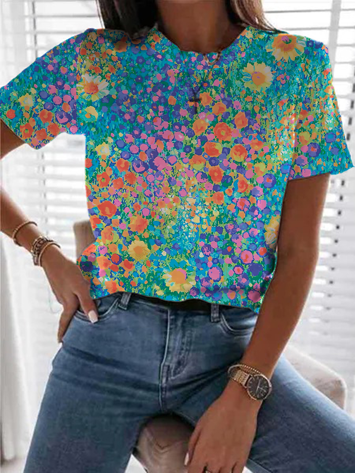 Crew Neck Casual Floral T-Shirt