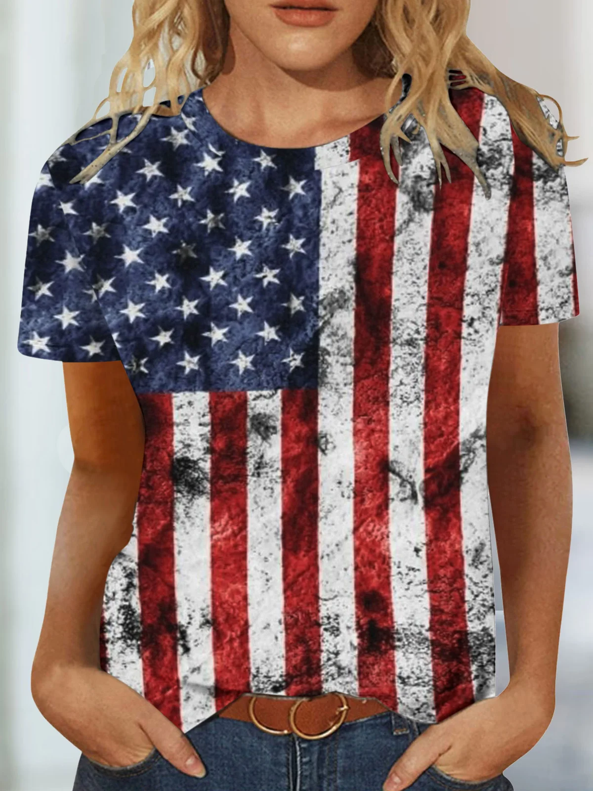Crew Neck Loose America Flag Casual T-Shirt
