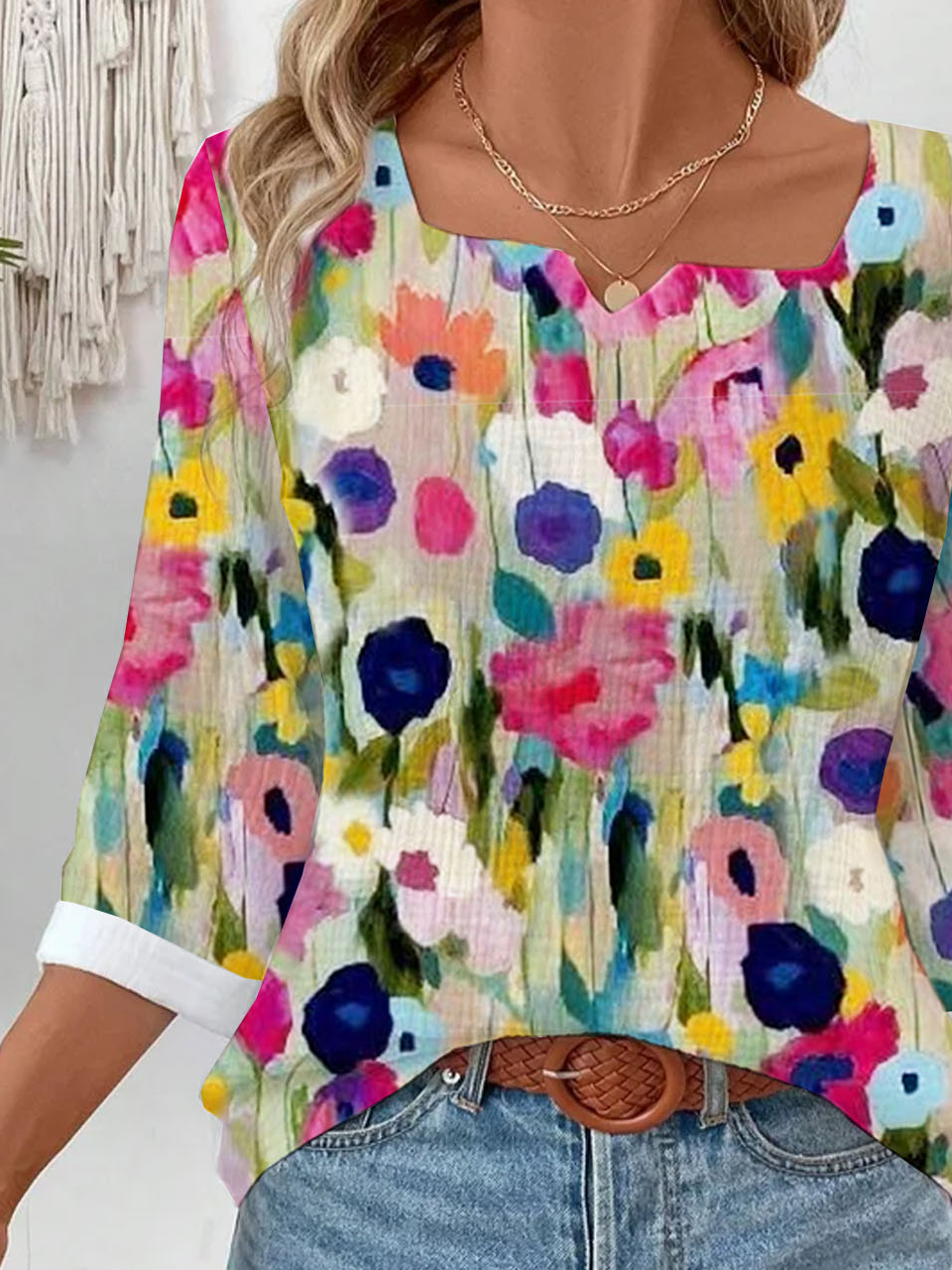 Floral Loose Casual Square Neck Blouse