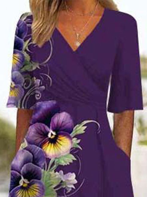 Women's Purple Floral Design Knitted Dress