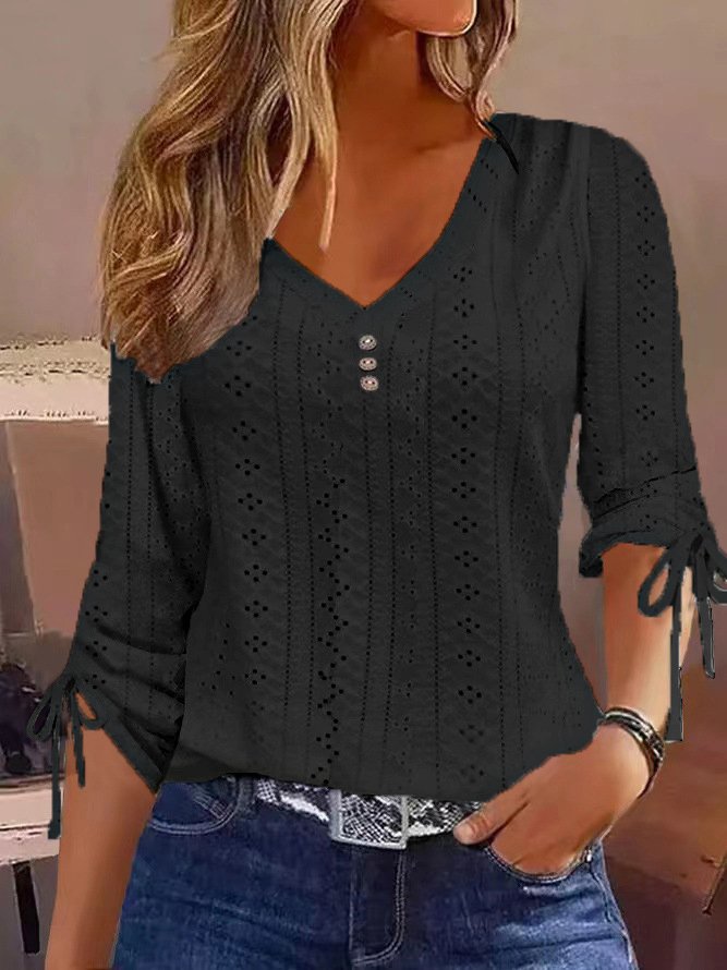 Buckle Plain Casual V Neck T-Shirt