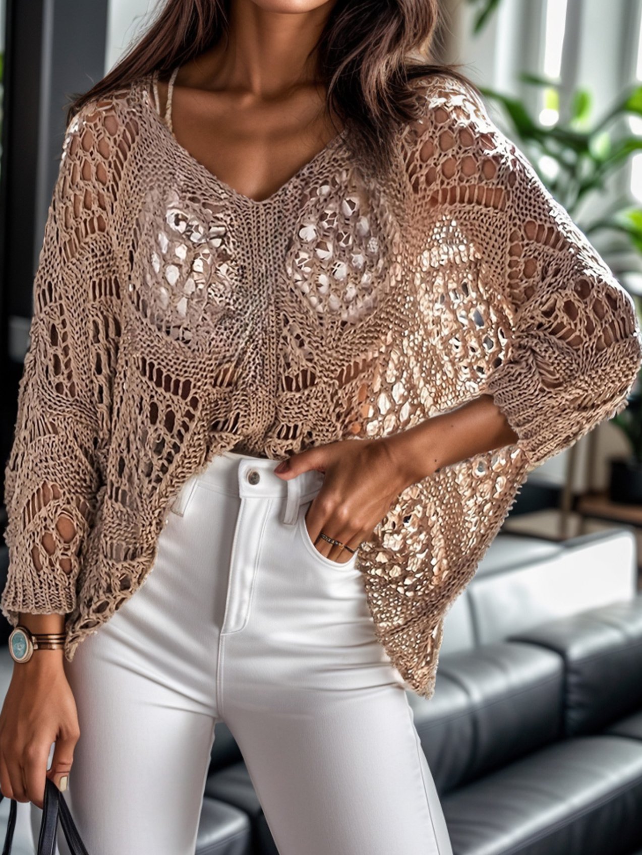 V Neck Yarn/Wool Yarn Casual Blouse