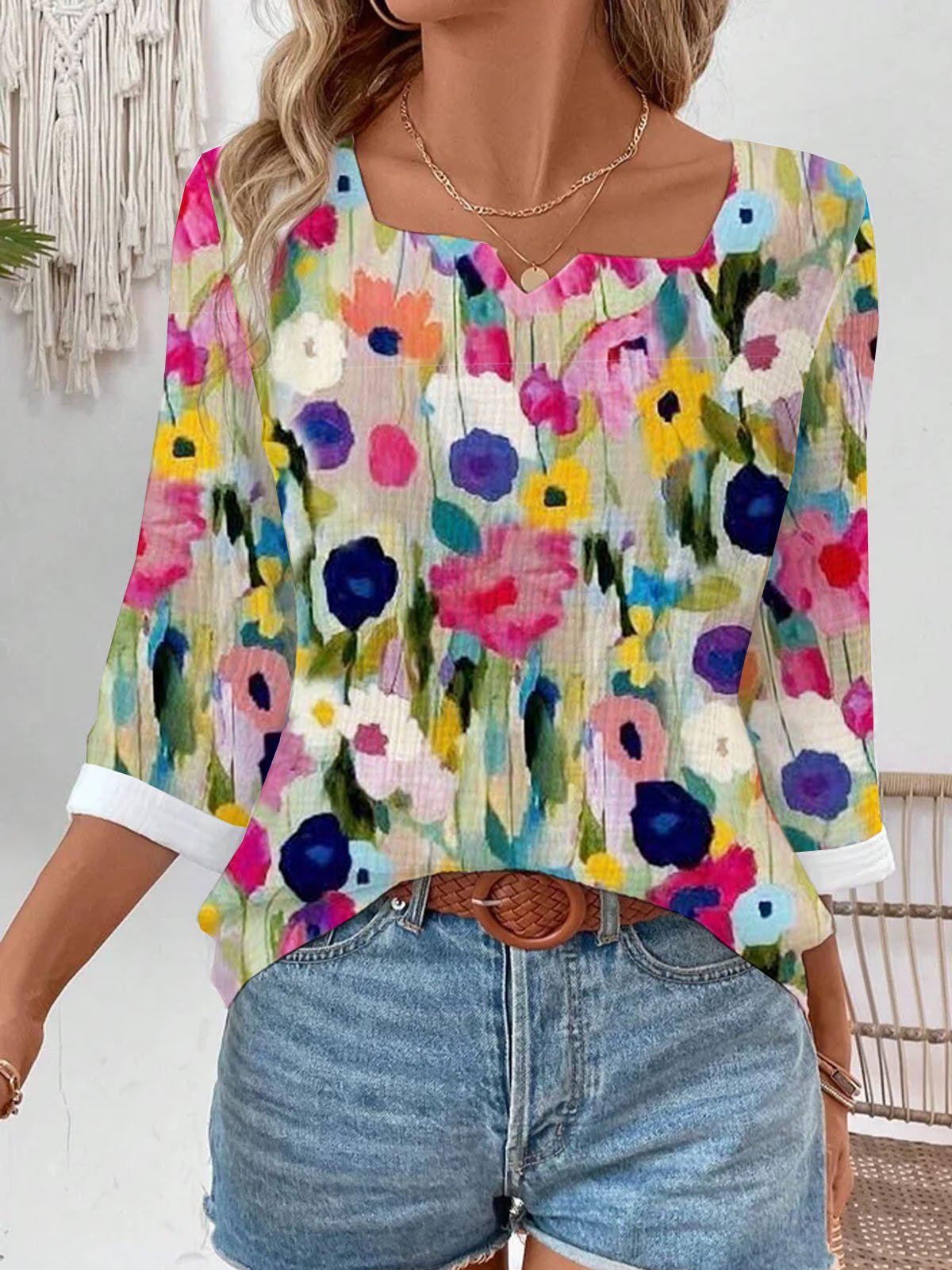 Floral Loose Casual Square Neck Blouse