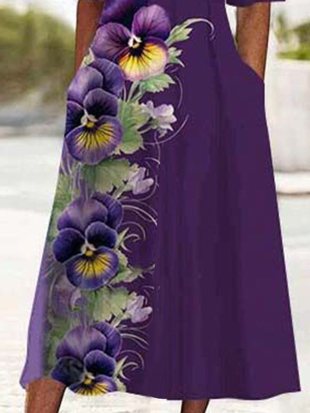 Women's Purple Floral Design Knitted Dress