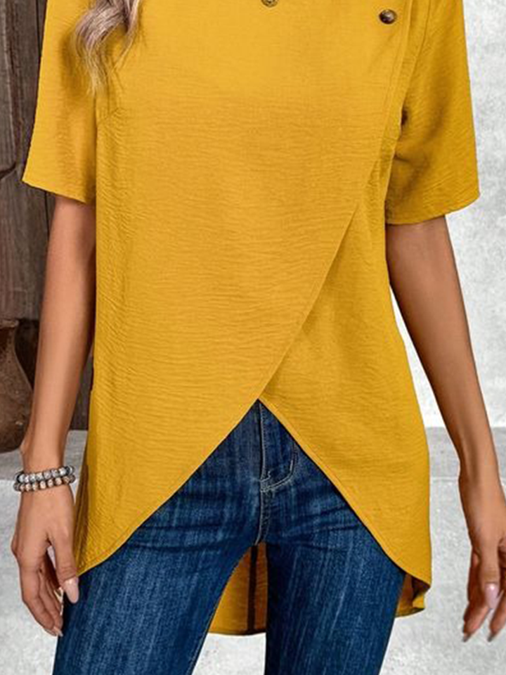 Women's Short Sleeve Blouse Summer Yellow Plain Buckle Crew Neck Daily Going Out Casual Top