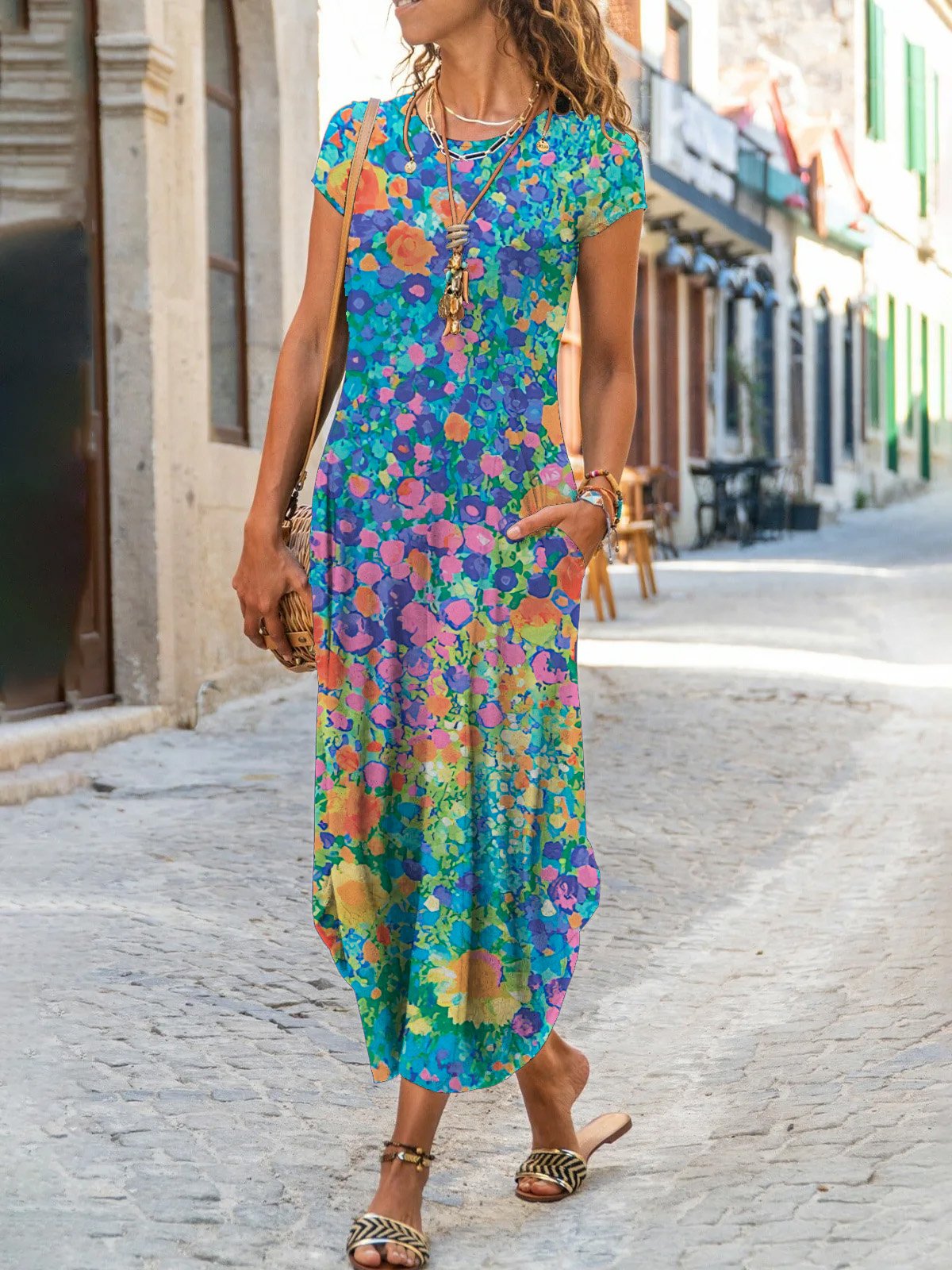 Crew Neck Loose Floral Casual Dress With No