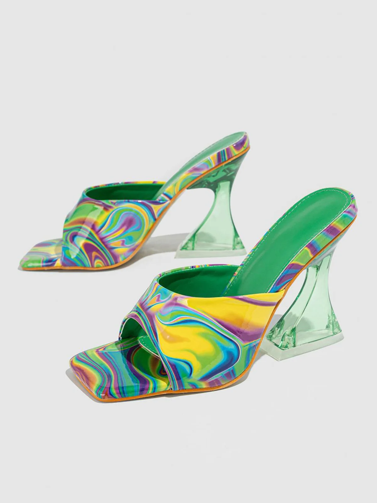 Abstract Print Clear Sculptural Heeled Mule Sandals