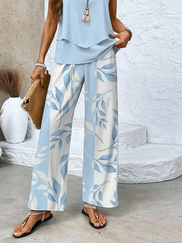 Women's Leaf Daily Going Out Two-Piece Set Light Blue Casual Summer Top With Pants Matching Set