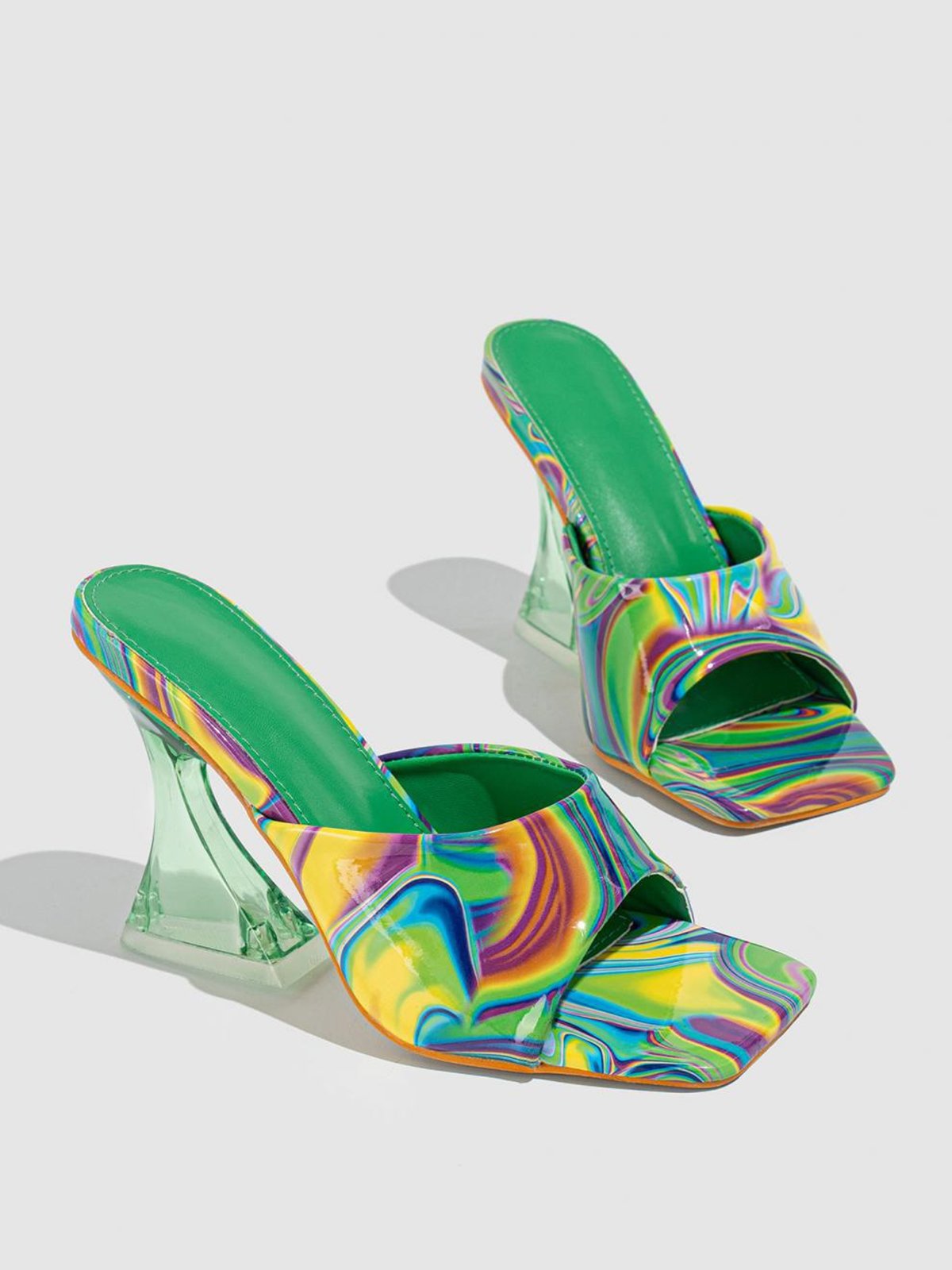 Abstract Print Clear Sculptural Heeled Mule Sandals