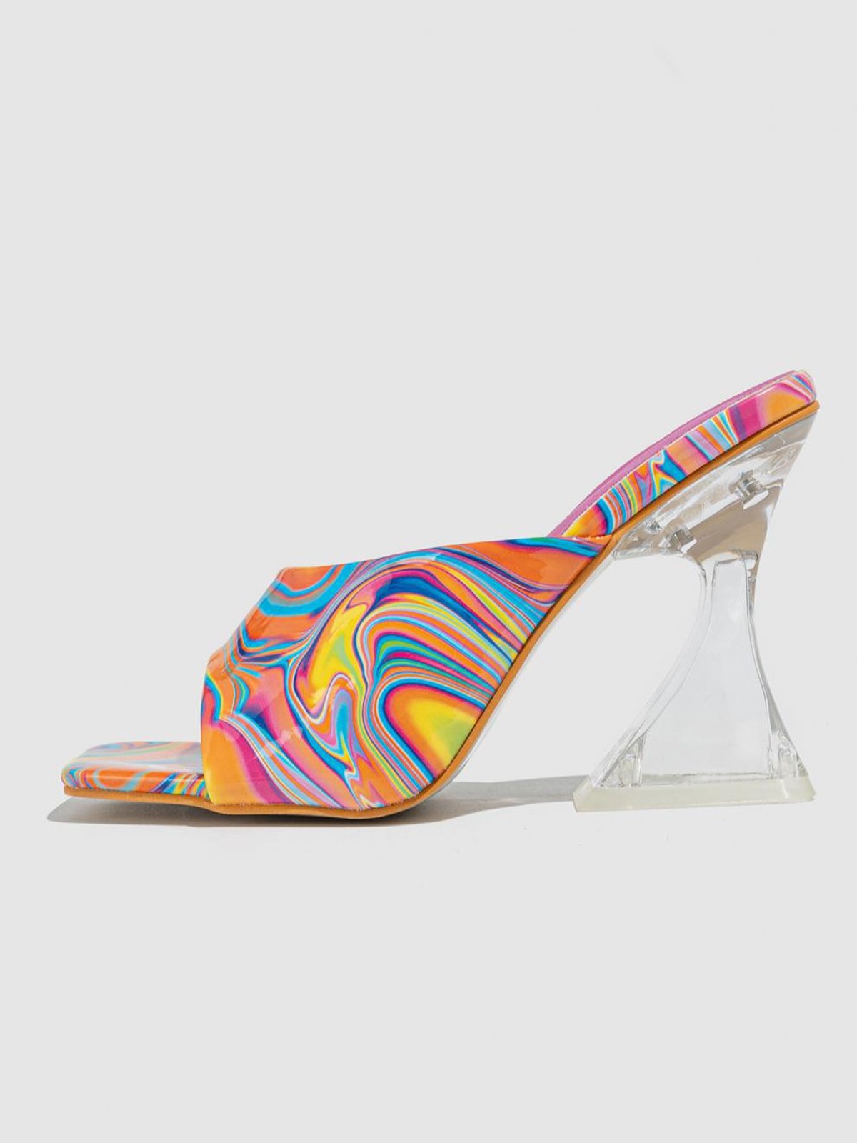 Abstract Print Clear Sculptural Heeled Mule Sandals