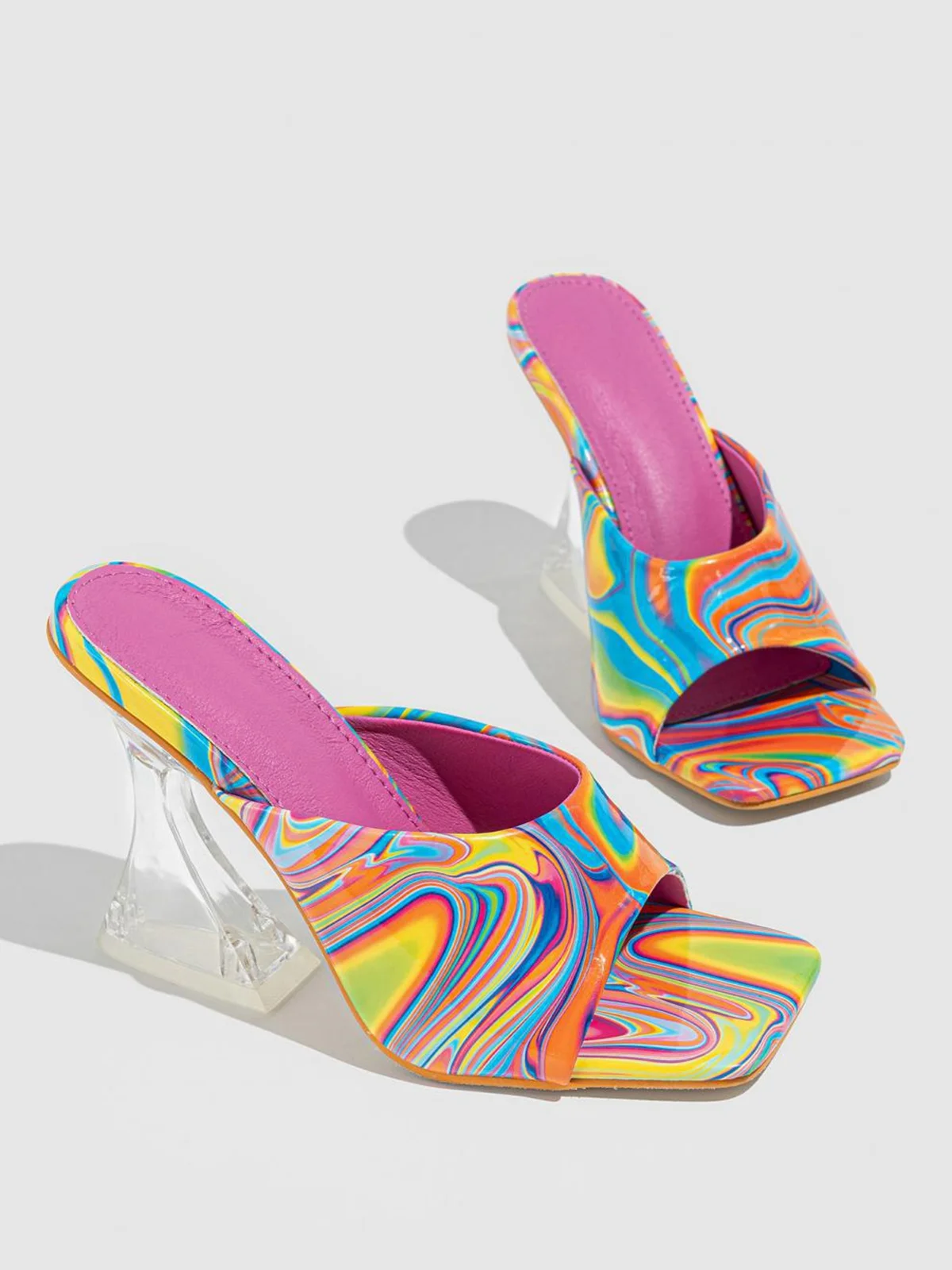 Abstract Print Clear Sculptural Heeled Mule Sandals