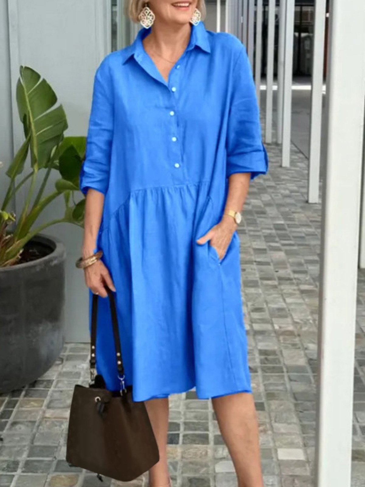 Shirt Collar Casual Plain Loose Dress With No