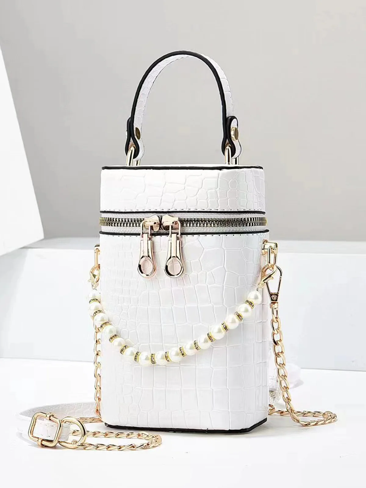 Elegant Crocodile Embossed Faux Pearls Beaded MIni Handbag with Detachable Crossbody Strap