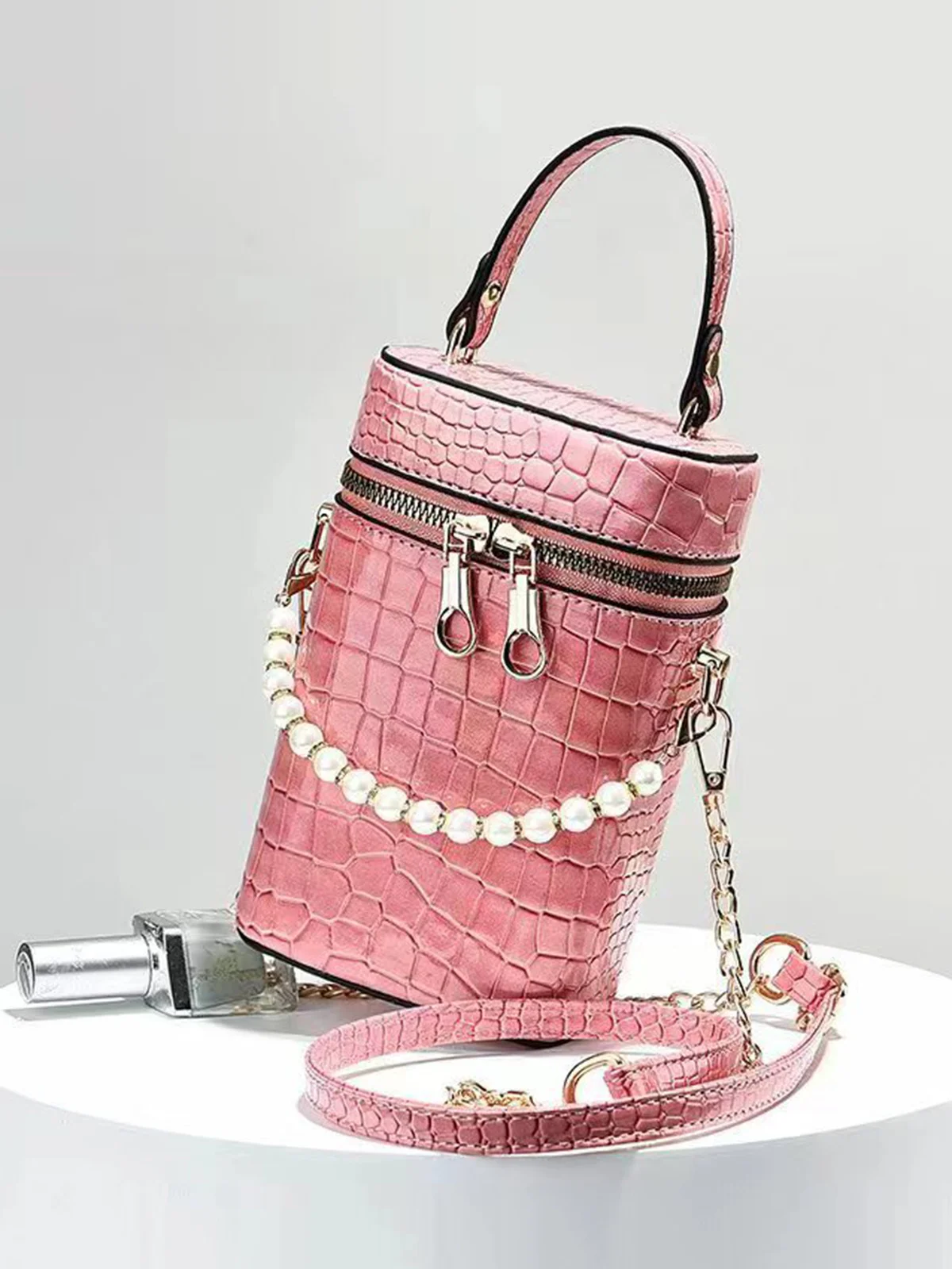 Elegant Crocodile Embossed Faux Pearls Beaded MIni Handbag with Detachable Crossbody Strap