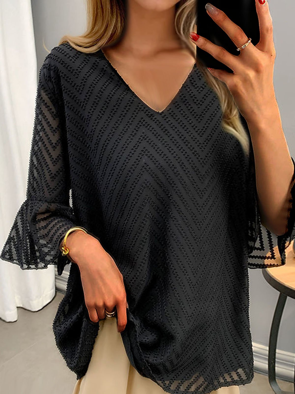 Loose V Neck Plain Casual Blouse