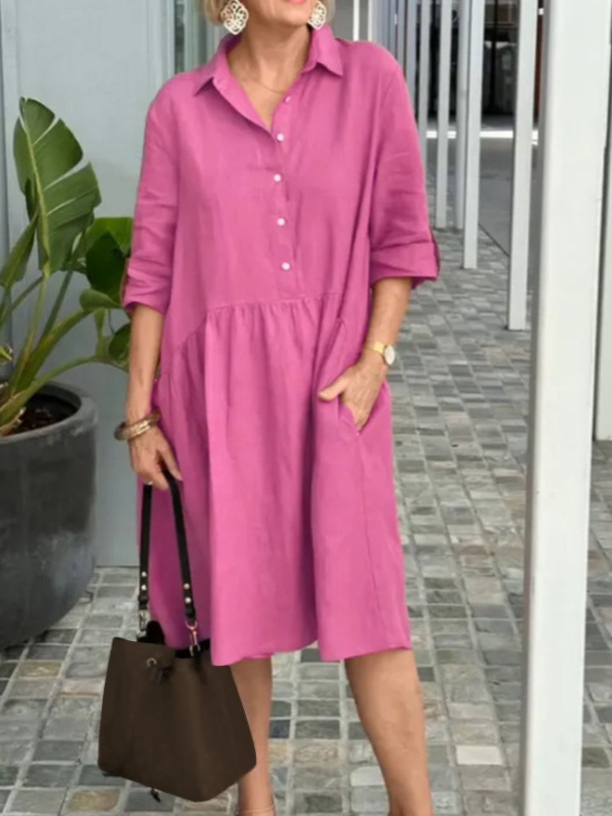 Shirt Collar Casual Plain Loose Dress With No