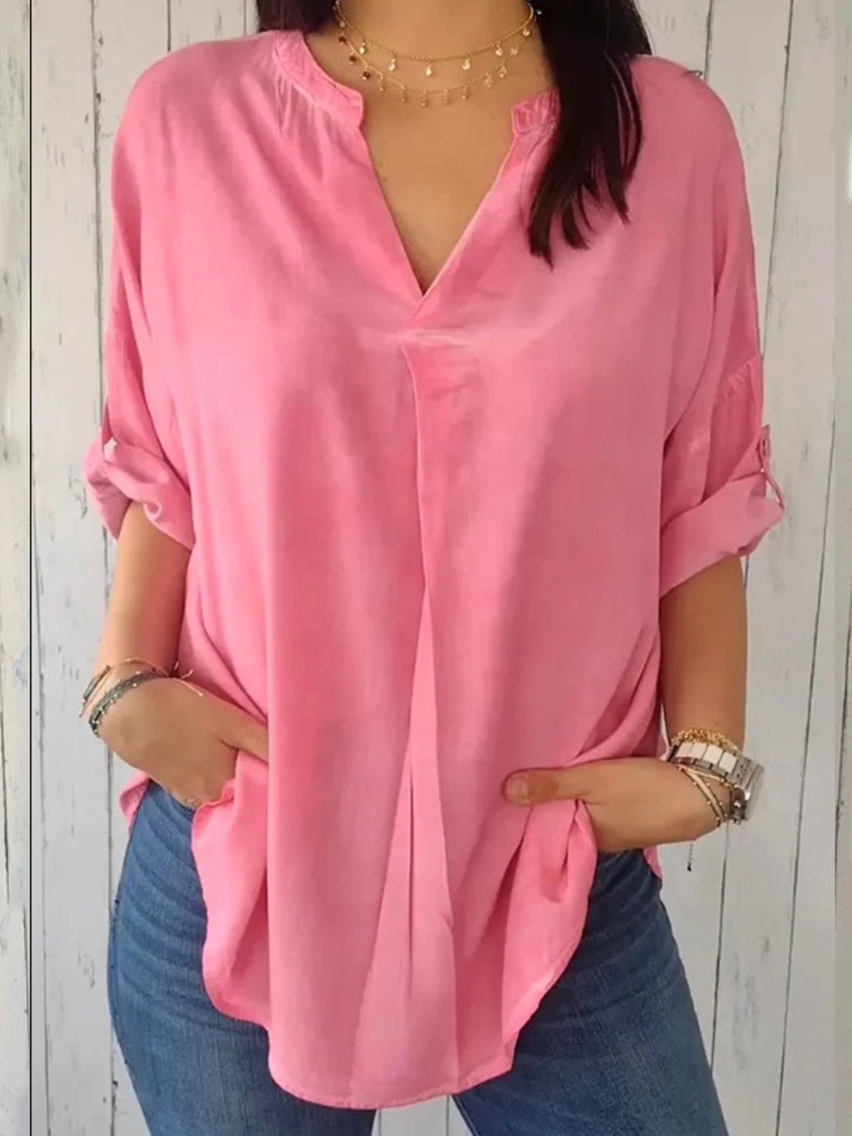 Loose Casual Plain V Neck Blouse