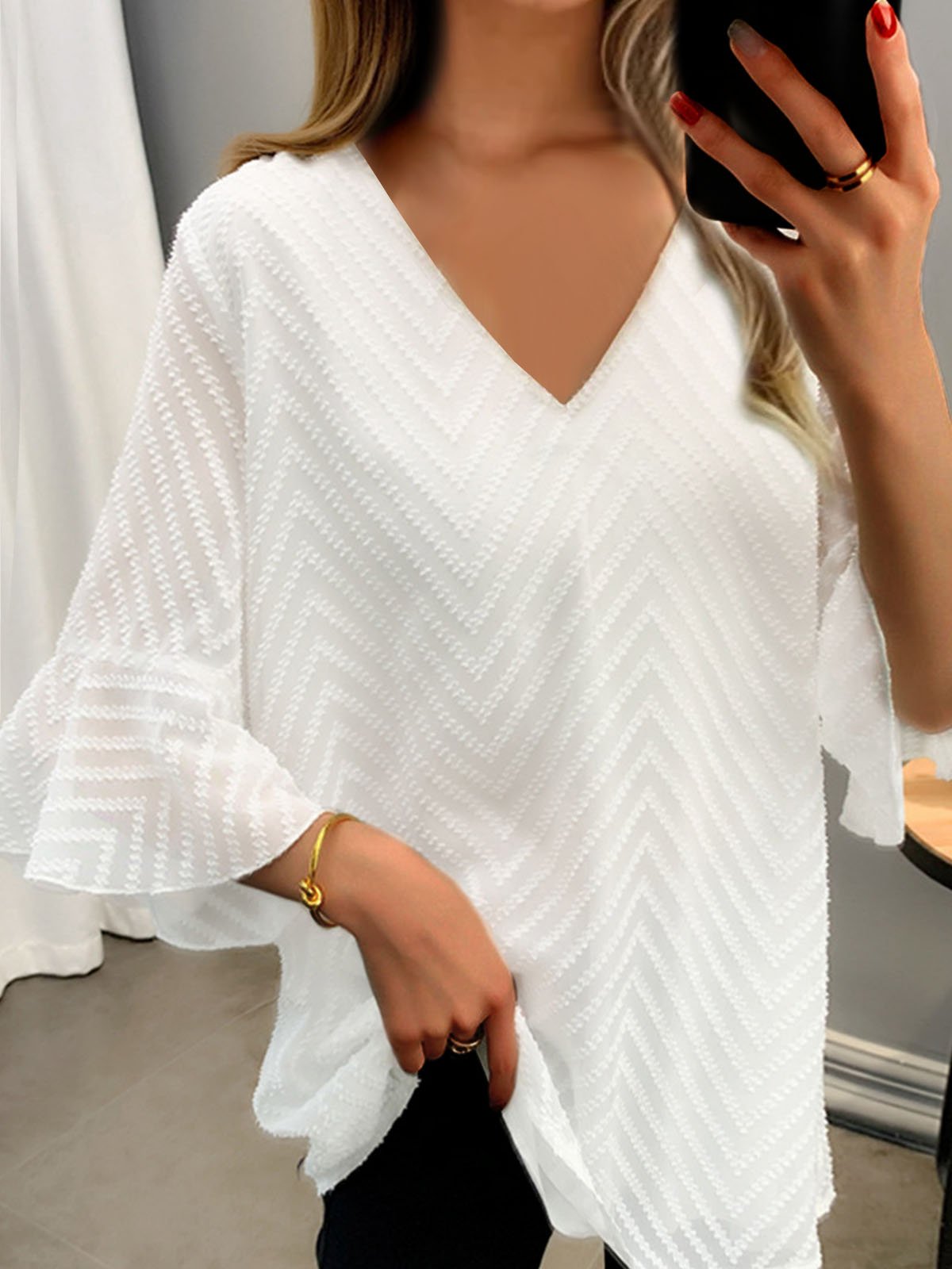 Loose V Neck Plain Casual Blouse