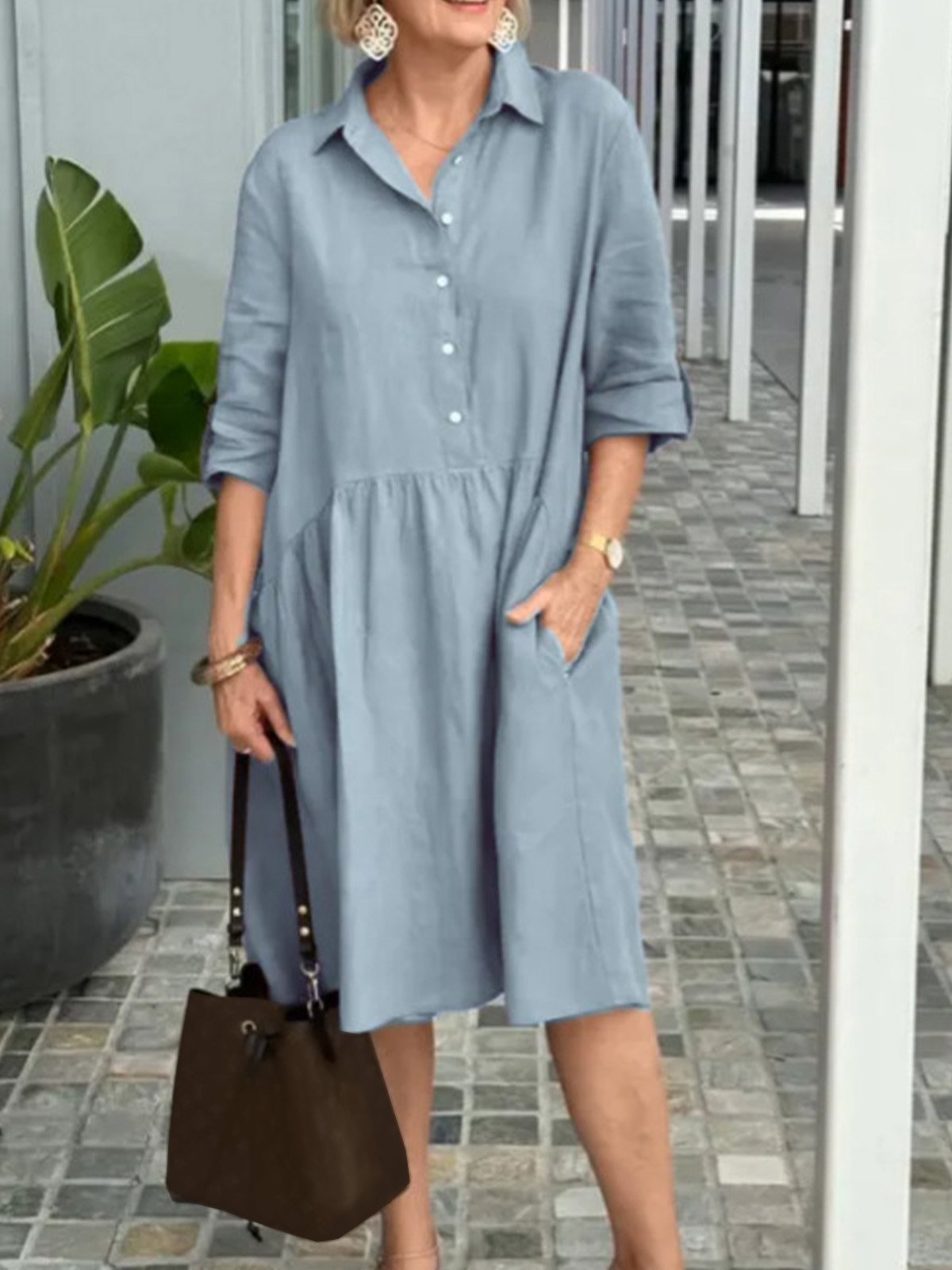 Shirt Collar Casual Plain Loose Dress With No