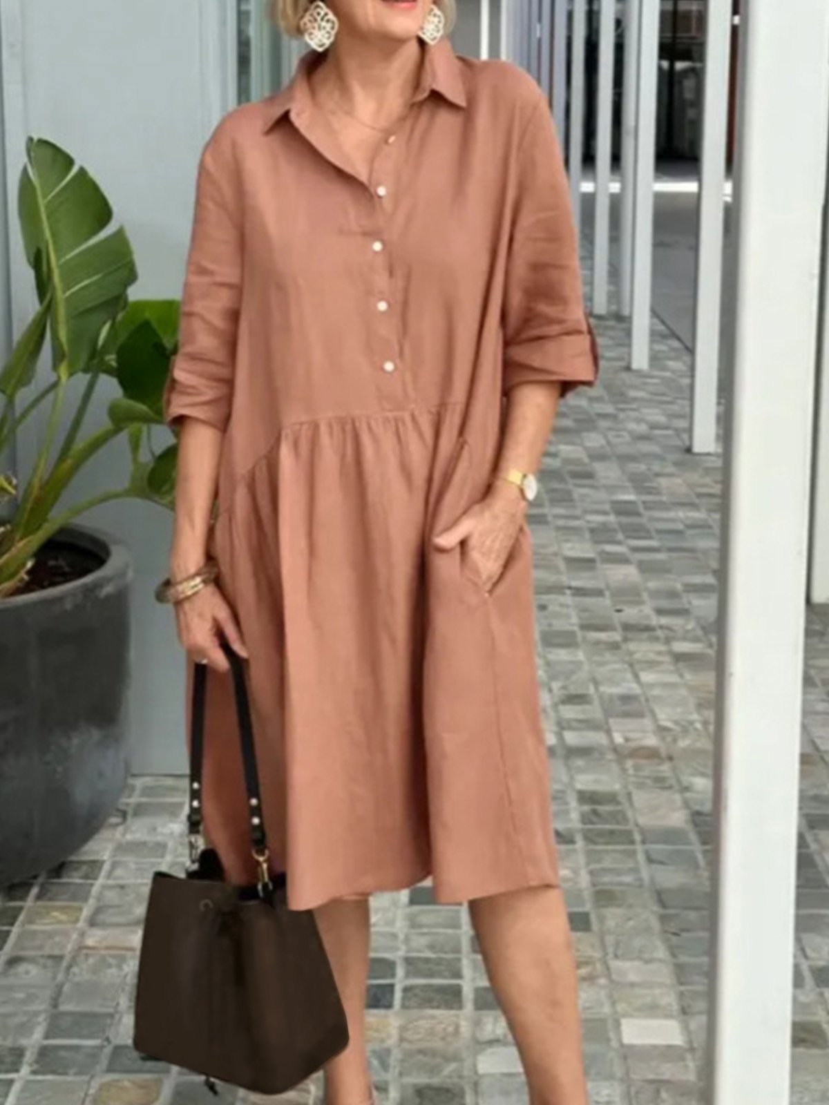 Shirt Collar Casual Plain Loose Dress With No