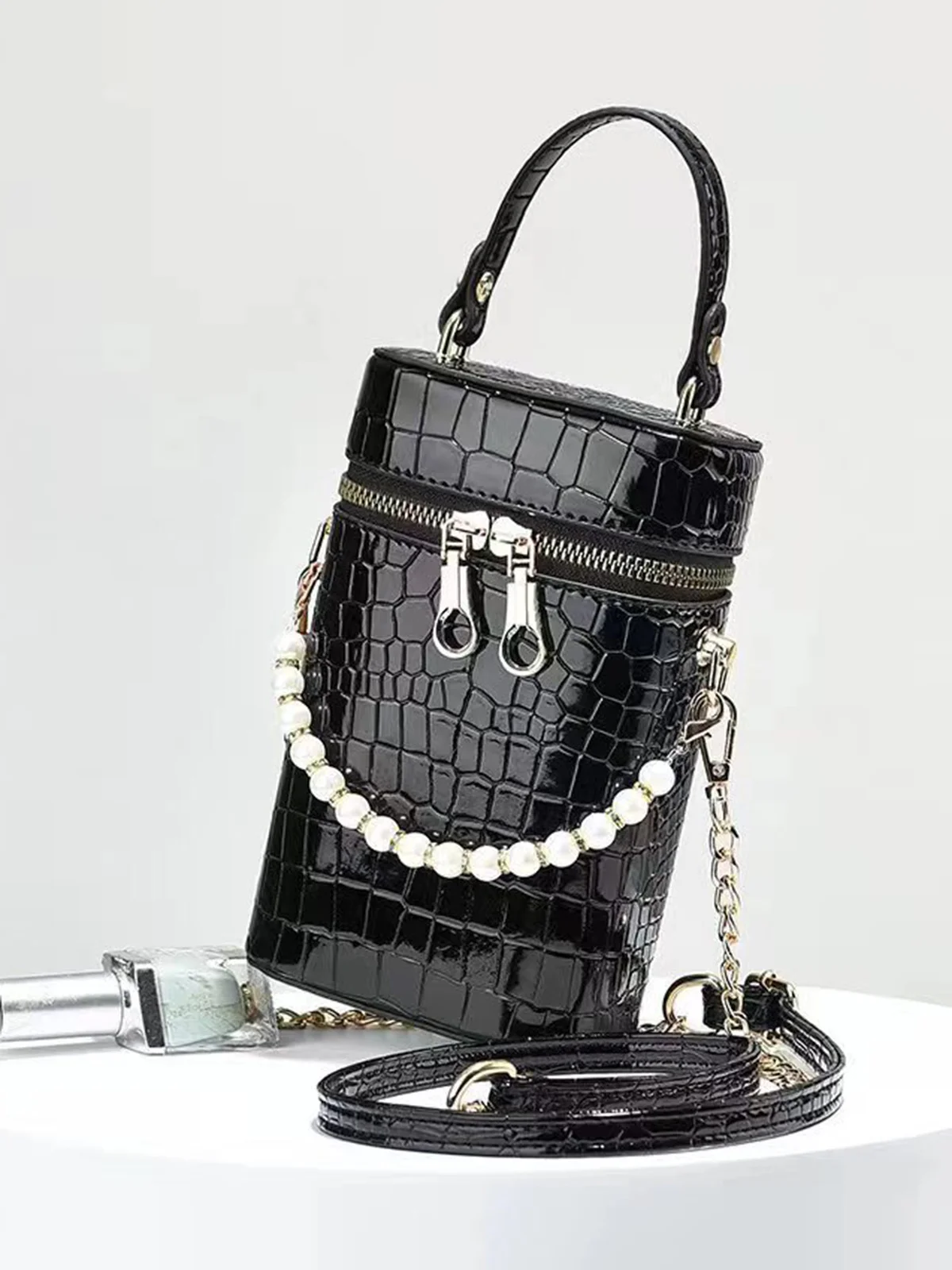 Elegant Crocodile Embossed Faux Pearls Beaded MIni Handbag with Detachable Crossbody Strap