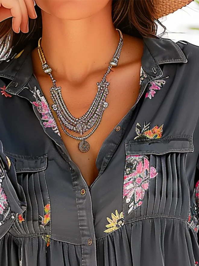 Women's Half Sleeve Shirt Summer Gray Floral Shirt Collar Balloon Sleeve Daily Going Out Casual Top