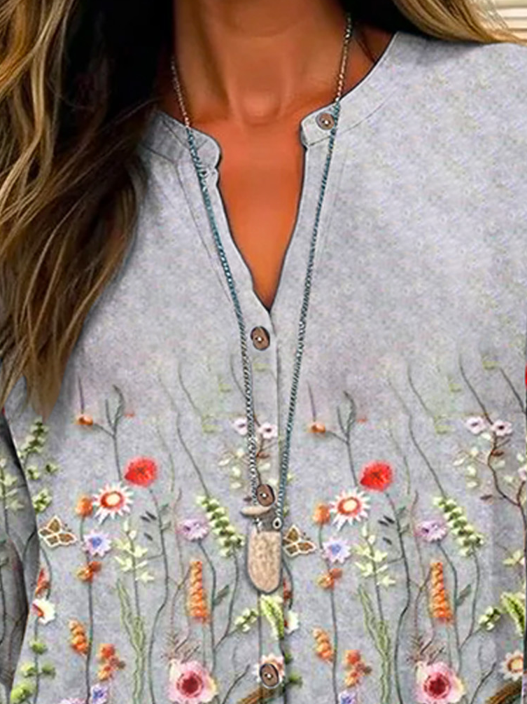 Floral Casual Buckle V Neck Shirt