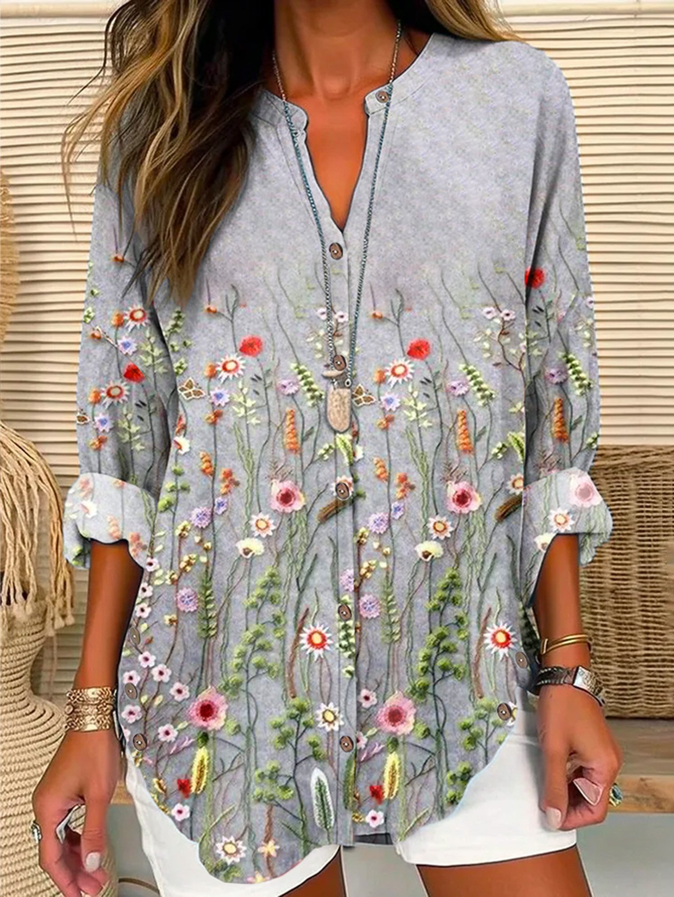 Floral Casual Buckle V Neck Shirt